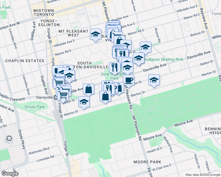 map of restaurants, bars, coffee shops, grocery stores, and more near 228 Balliol Street in Toronto