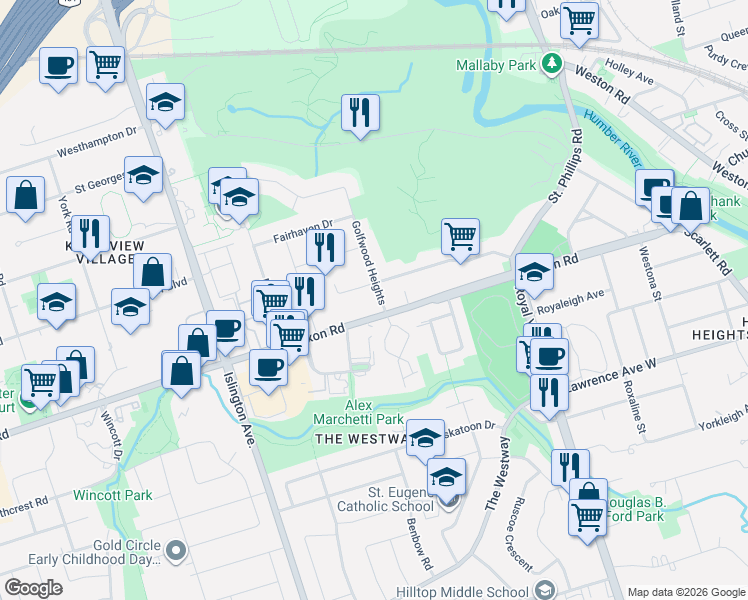 map of restaurants, bars, coffee shops, grocery stores, and more near 4 Golfwood Heights in Toronto