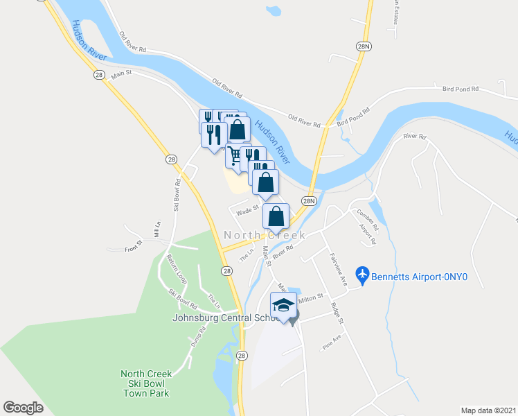 map of restaurants, bars, coffee shops, grocery stores, and more near 251 Main Street in North Creek