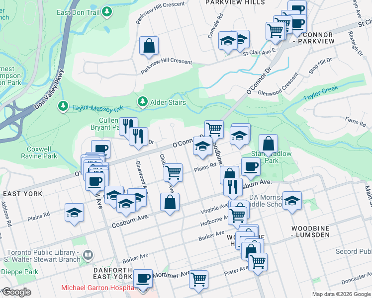 map of restaurants, bars, coffee shops, grocery stores, and more near 367 Woodmount Avenue in Toronto