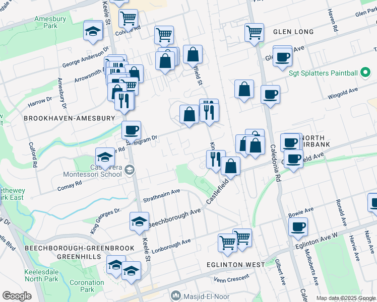 map of restaurants, bars, coffee shops, grocery stores, and more near in Toronto
