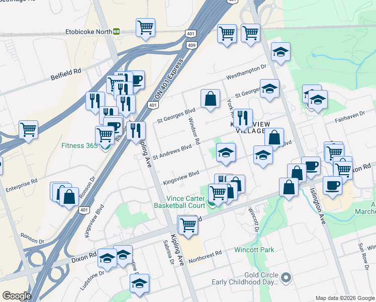 map of restaurants, bars, coffee shops, grocery stores, and more near 73 Saint Andrews Boulevard in Toronto