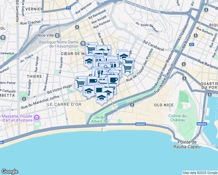 map of restaurants, bars, coffee shops, grocery stores, and more near 8 Avenue Jean Médecin in Nice