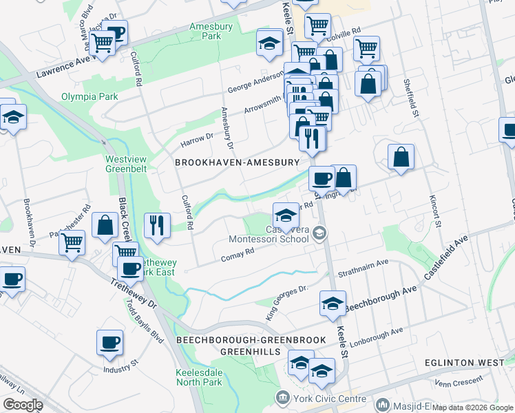 map of restaurants, bars, coffee shops, grocery stores, and more near in Toronto