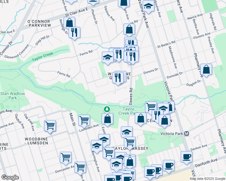 map of restaurants, bars, coffee shops, grocery stores, and more near 60 Halsey Avenue in Toronto