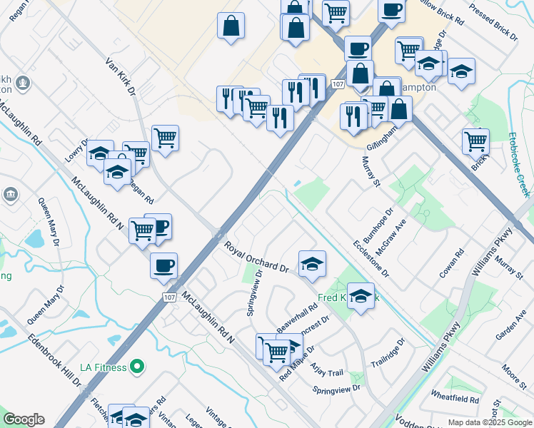 map of restaurants, bars, coffee shops, grocery stores, and more near in Brampton