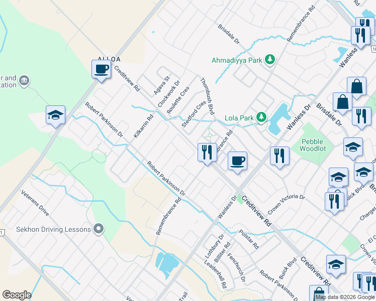 map of restaurants, bars, coffee shops, grocery stores, and more near in Brampton