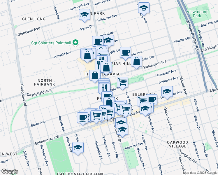 map of restaurants, bars, coffee shops, grocery stores, and more near 20 Prado Court in Toronto