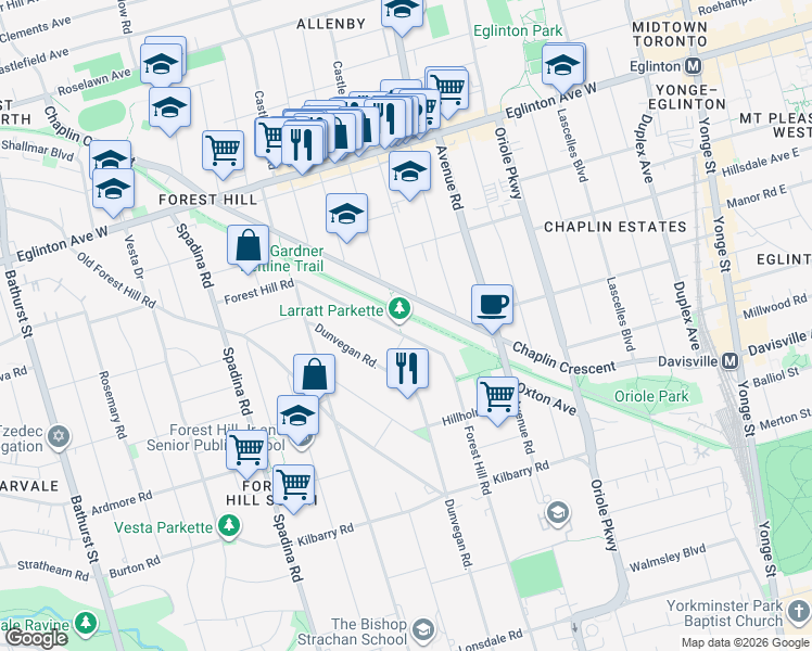 map of restaurants, bars, coffee shops, grocery stores, and more near 205 Chaplin Crescent in Toronto