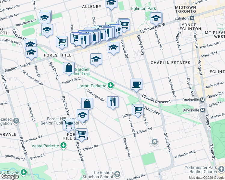 map of restaurants, bars, coffee shops, grocery stores, and more near 221 Forest Hill Road in Toronto