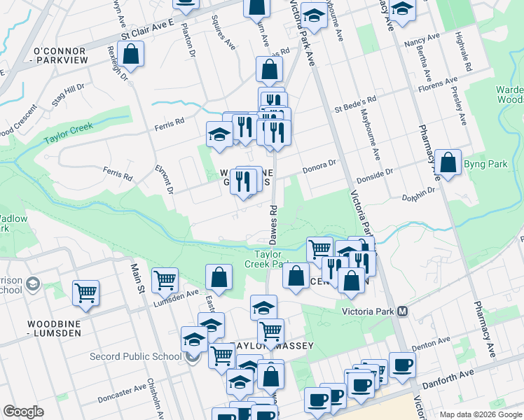 map of restaurants, bars, coffee shops, grocery stores, and more near 75 Halsey Avenue in Toronto
