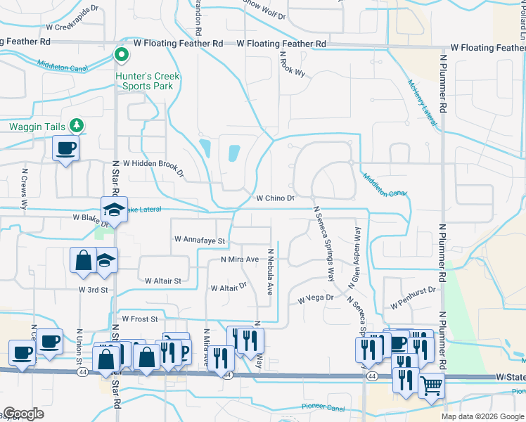 map of restaurants, bars, coffee shops, grocery stores, and more near 767 North Nebula Court in Star