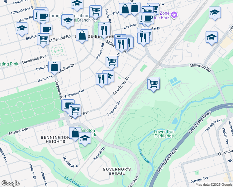 map of restaurants, bars, coffee shops, grocery stores, and more near 99 Southvale Drive in Toronto
