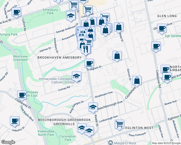 map of restaurants, bars, coffee shops, grocery stores, and more near in Toronto