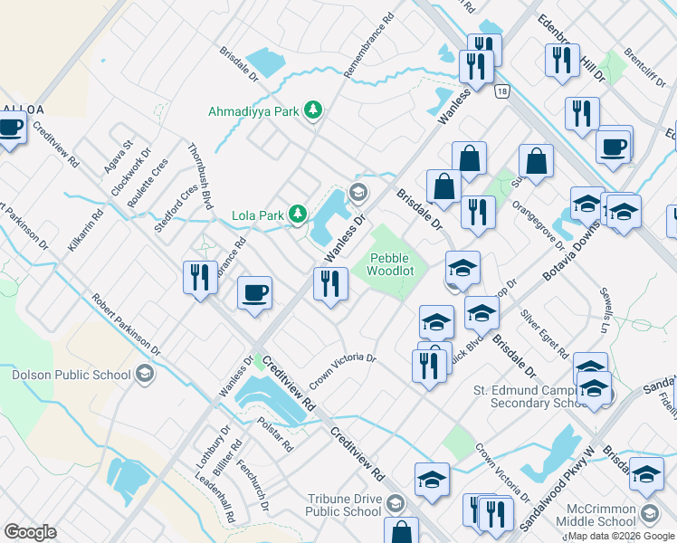 map of restaurants, bars, coffee shops, grocery stores, and more near 36 Treegrove Crescent in Brampton