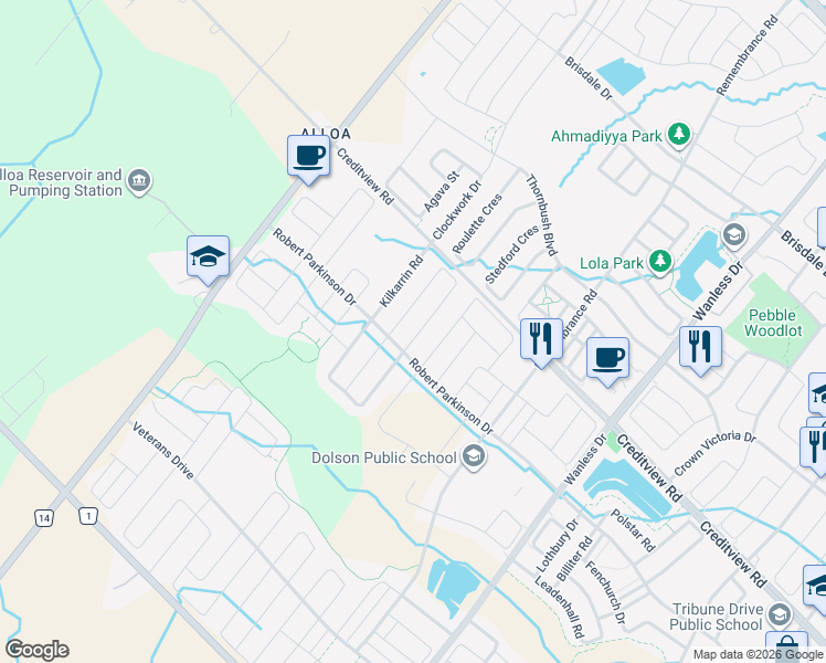map of restaurants, bars, coffee shops, grocery stores, and more near 13 Enford Crescent in Brampton