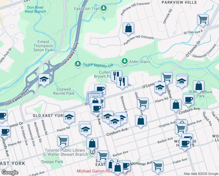 map of restaurants, bars, coffee shops, grocery stores, and more near 9 Ralston Avenue in Toronto