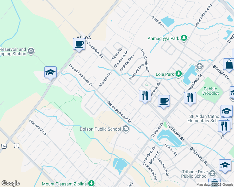 map of restaurants, bars, coffee shops, grocery stores, and more near 52 Stewardship Road in Brampton
