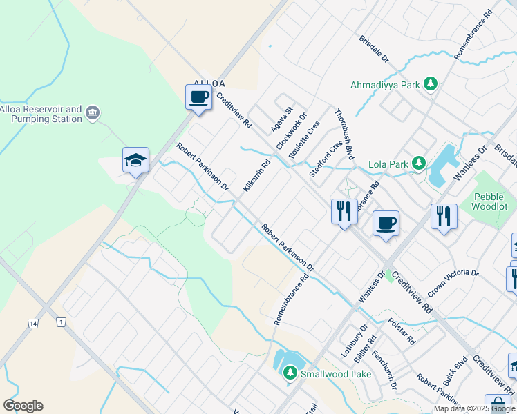 map of restaurants, bars, coffee shops, grocery stores, and more near 83 Enford Crescent in Brampton