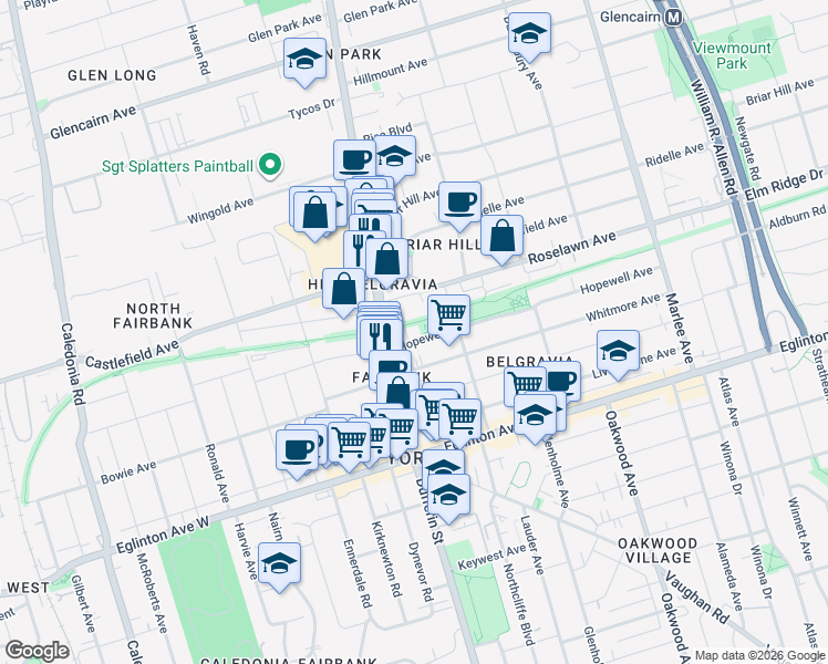 map of restaurants, bars, coffee shops, grocery stores, and more near 550 Hopewell Avenue in Toronto