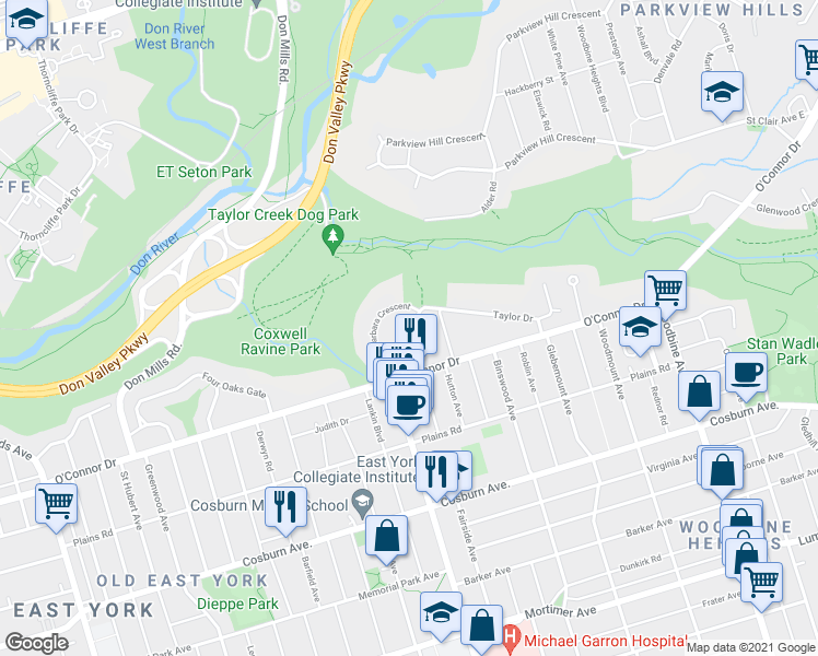 map of restaurants, bars, coffee shops, grocery stores, and more near 16 Coxwell Boulevard in Toronto