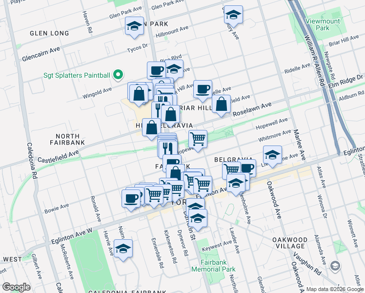 map of restaurants, bars, coffee shops, grocery stores, and more near 550 Hopewell Avenue in Toronto