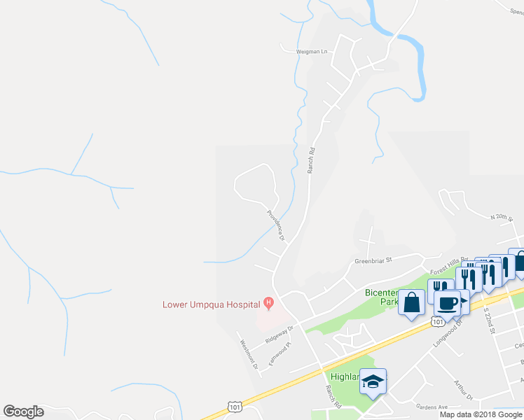map of restaurants, bars, coffee shops, grocery stores, and more near 320 Providence Drive in Reedsport