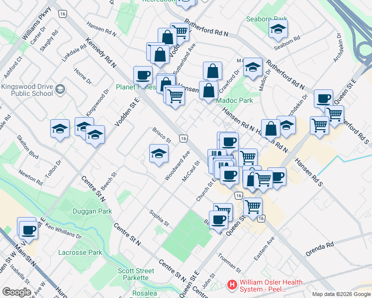 map of restaurants, bars, coffee shops, grocery stores, and more near 102 Woodward Avenue in Brampton