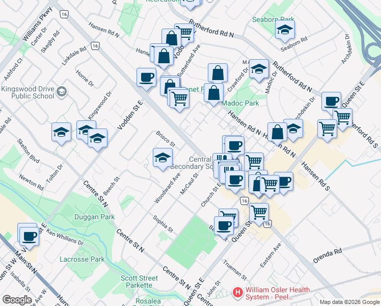 map of restaurants, bars, coffee shops, grocery stores, and more near 102 Woodward Avenue in Brampton