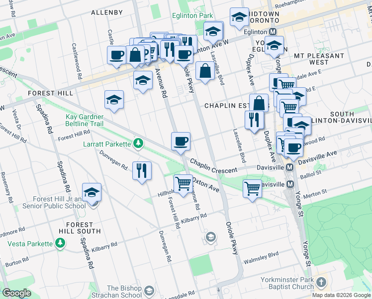 map of restaurants, bars, coffee shops, grocery stores, and more near 873 Avenue Road in Toronto
