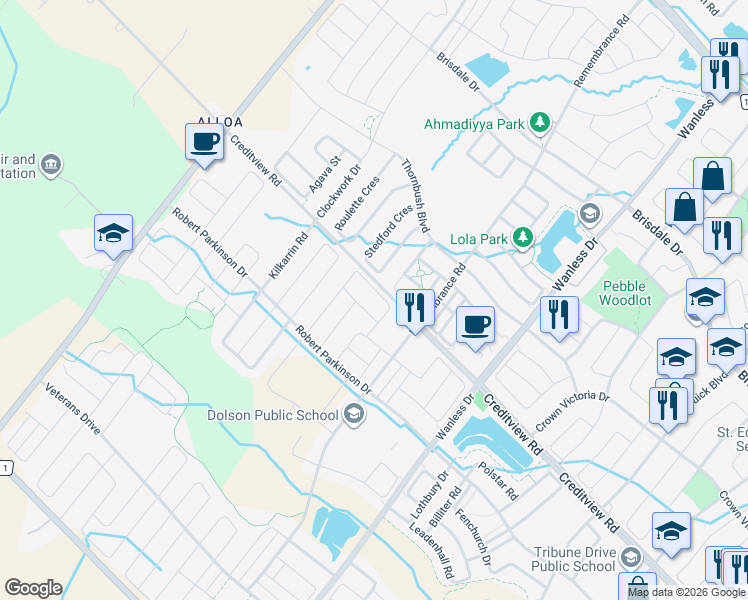 map of restaurants, bars, coffee shops, grocery stores, and more near 93 Stewardship Road in Brampton