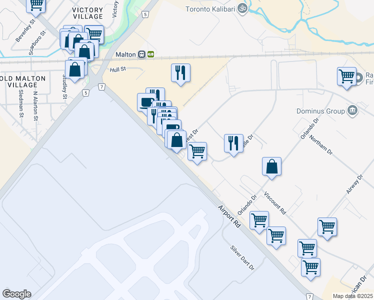 map of restaurants, bars, coffee shops, grocery stores, and more near 6725 Airport Road in Mississauga