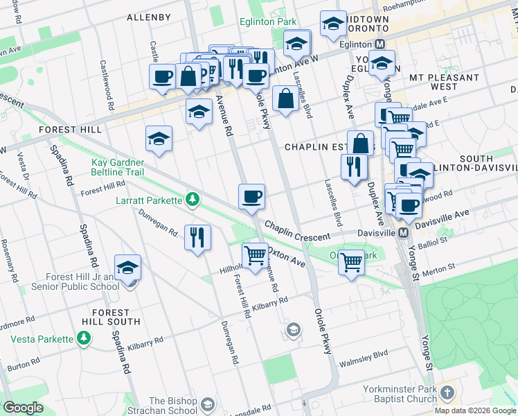 map of restaurants, bars, coffee shops, grocery stores, and more near in Toronto
