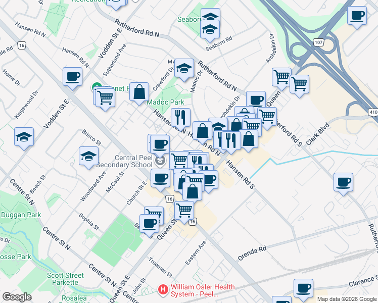 map of restaurants, bars, coffee shops, grocery stores, and more near in Brampton