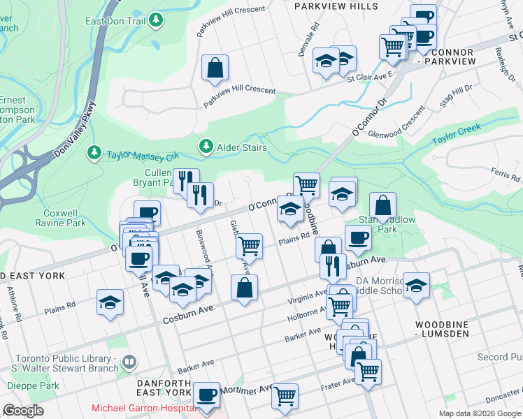 map of restaurants, bars, coffee shops, grocery stores, and more near 655 O'Connor Drive in Toronto