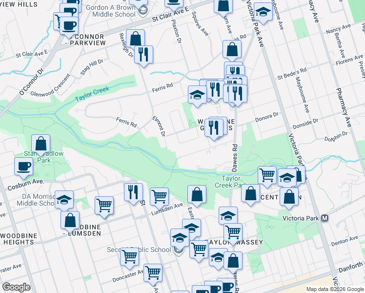 map of restaurants, bars, coffee shops, grocery stores, and more near 17 Avis Crescent in Toronto