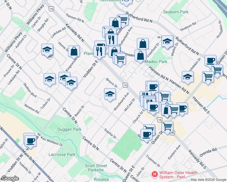 map of restaurants, bars, coffee shops, grocery stores, and more near 24 Edgemont Drive in Brampton