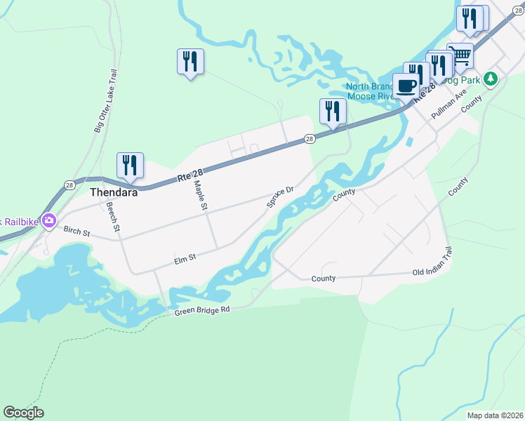 map of restaurants, bars, coffee shops, grocery stores, and more near 200 Spruce Drive in Thendara