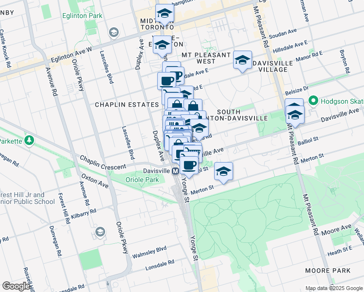 map of restaurants, bars, coffee shops, grocery stores, and more near 1951 Yonge Street in Toronto