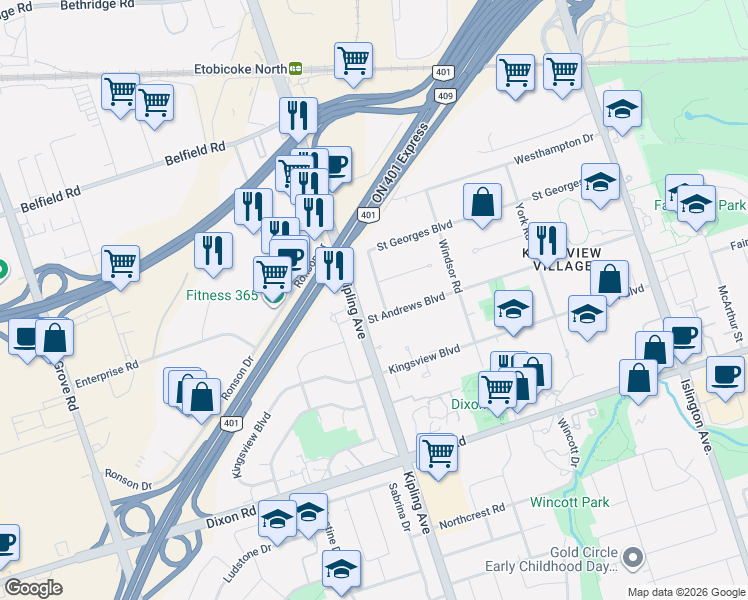 map of restaurants, bars, coffee shops, grocery stores, and more near in Toronto