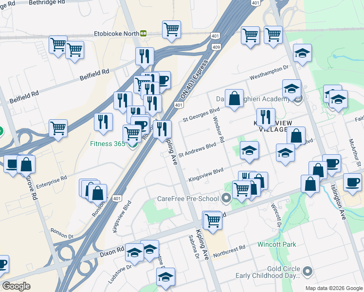 map of restaurants, bars, coffee shops, grocery stores, and more near 6 Evernby Boulevard in Toronto