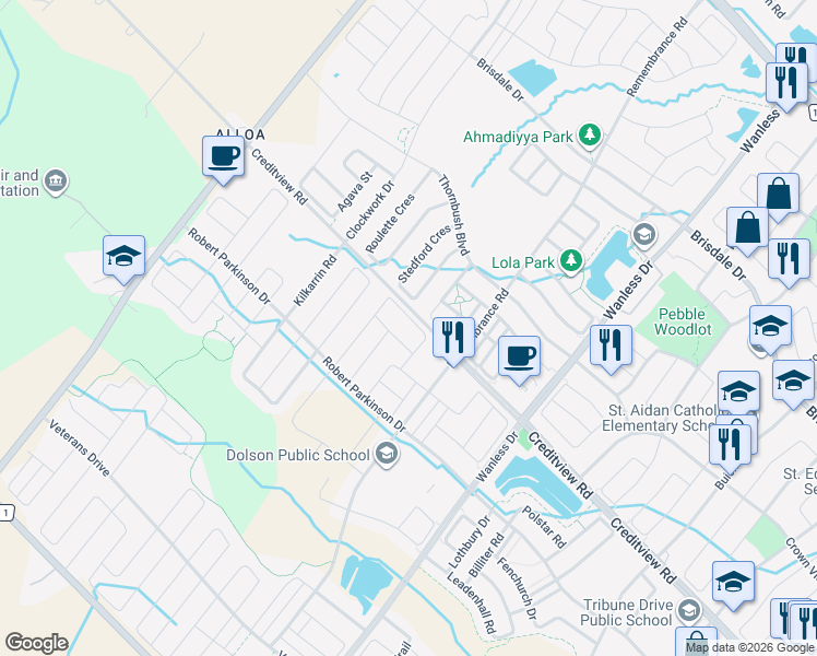 map of restaurants, bars, coffee shops, grocery stores, and more near in Brampton