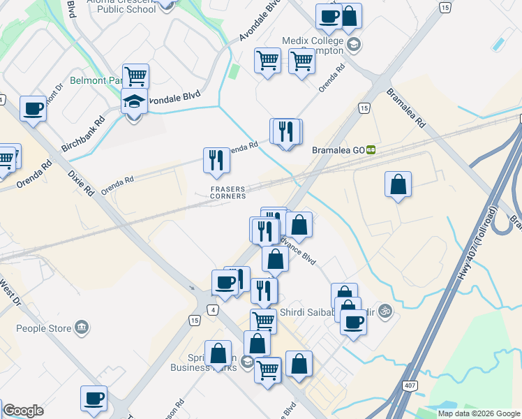 map of restaurants, bars, coffee shops, grocery stores, and more near 1730 Steeles Avenue East in Brampton