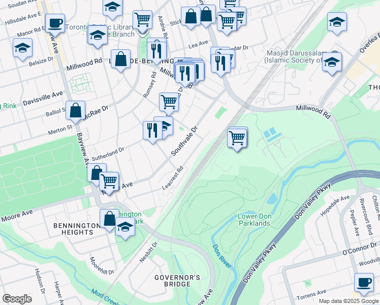 map of restaurants, bars, coffee shops, grocery stores, and more near 124 Leacrest Road in Toronto