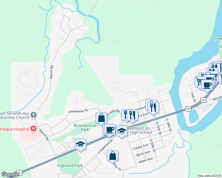 map of restaurants, bars, coffee shops, grocery stores, and more near 831 Masters Court in Reedsport