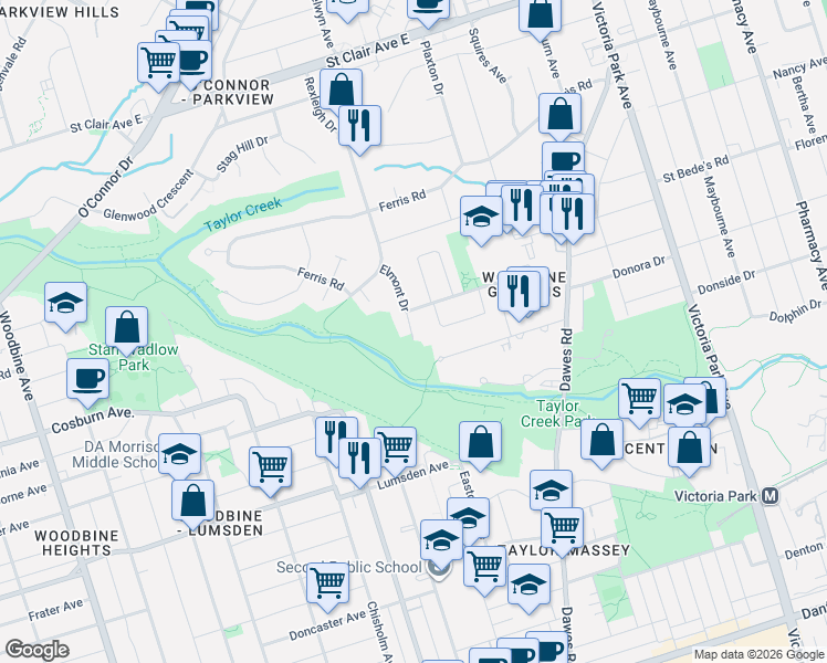 map of restaurants, bars, coffee shops, grocery stores, and more near 5 Elmont Drive in Toronto