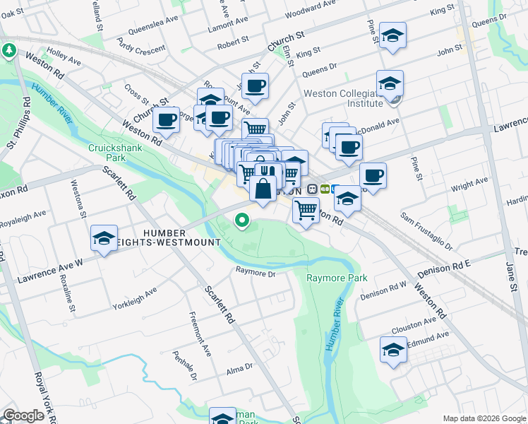 map of restaurants, bars, coffee shops, grocery stores, and more near 2089 Lawrence Avenue West in Toronto
