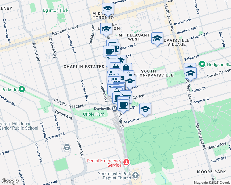 map of restaurants, bars, coffee shops, grocery stores, and more near 1954 Yonge Street in Toronto
