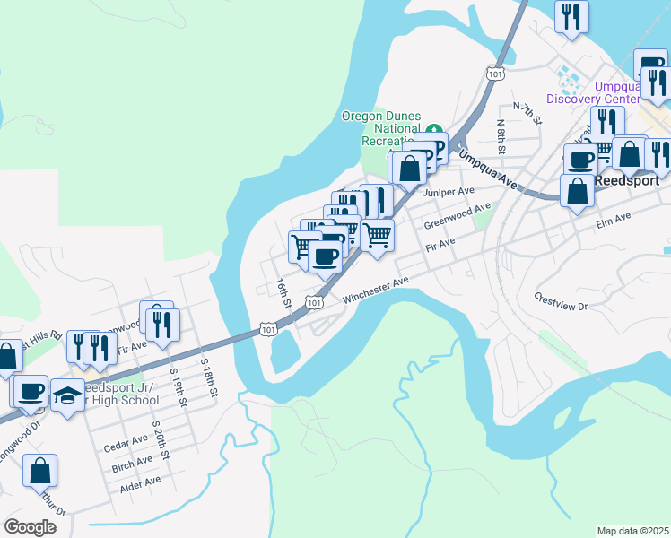 map of restaurants, bars, coffee shops, grocery stores, and more near 1405 Oregon Coast Highway in Reedsport