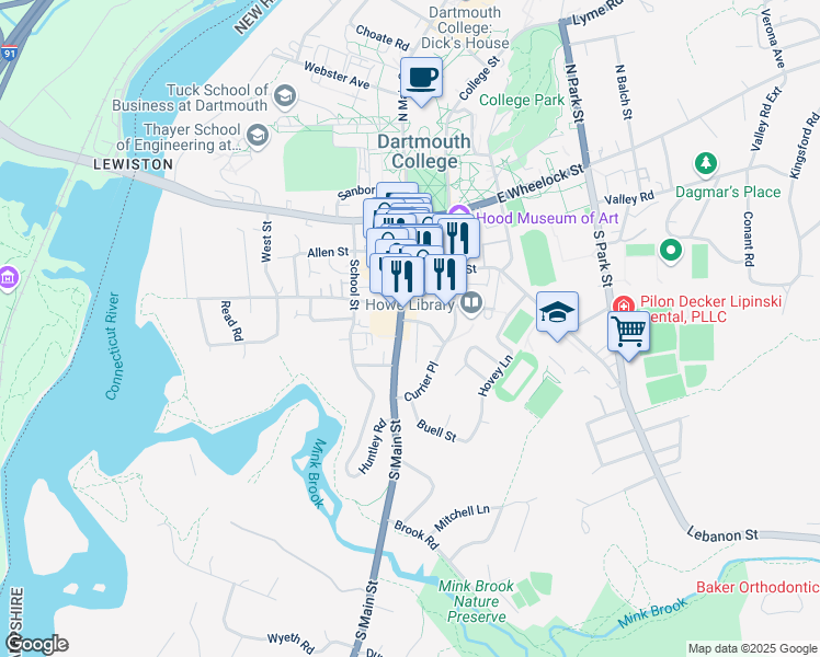 map of restaurants, bars, coffee shops, grocery stores, and more near 80 North Main Street in Hanover